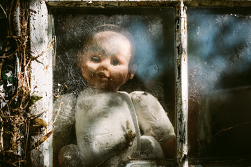 Slightly creepy baby doll at a window