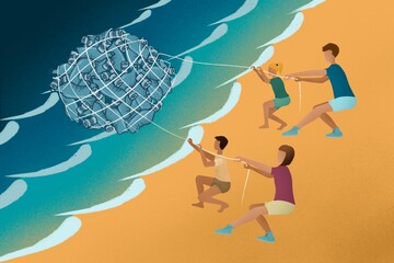 Group of people removing trash from the ocean