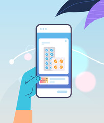 hand ordering pills in medical mobile app on smartphone screen online medicine healthcare concept