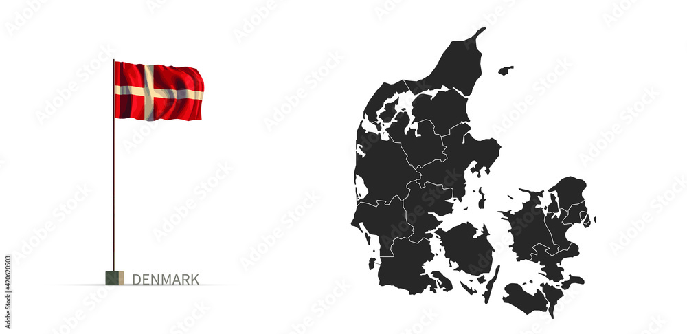 Wall mural Denmark map. gray country vector map and flag 3d illustration.