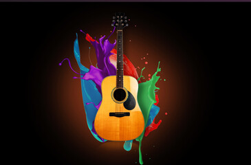 Guitar wood water splash refreshing multicolored waterproof background light abstract musical...