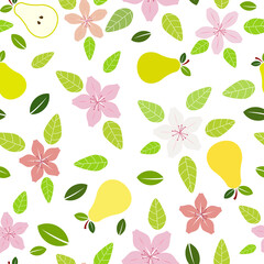 Symmetric pink lilies and yellow and green pear, flat vector illustration over white, saturated background seamless pattern
