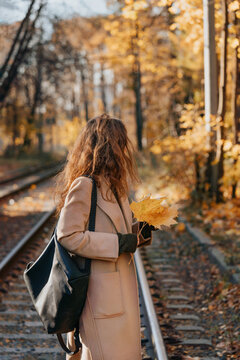 A girl walks in the autumn park