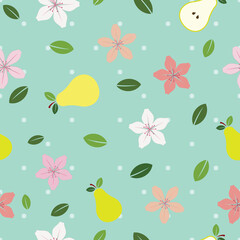 Symmetric pink lilies and yellow pear, flat vector illustration over turquoise sky blue backgrounds and tiny dots