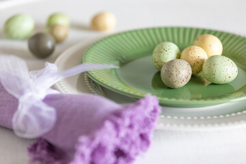Spring table setting with soft fresh colors. Shallow depth of field.