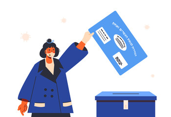 Israeli legislative election 2021. Knesset. Presidential elections in Israel. Voter holding blue ballot envelope. Woman wearing protective face mask during covid-19 pandemic. Isolated on white.