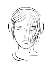 目を閉じてヘッドホンを聞く女性の線画イラスト