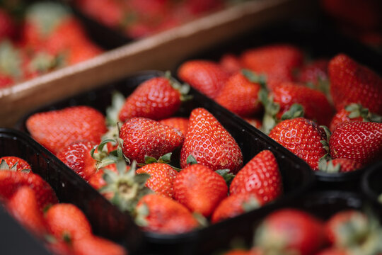 Fresh strrawberries from above in boxes