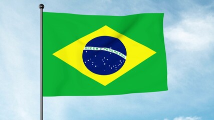 3D Illustration of The flag of Brazil, Verde e amarela, Auriverde, is a blue disc depicting a starry sky inscribed with the national motto "Ordem e Progresso", 