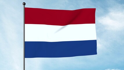 3D Illustration of The flag of the Netherlands is a horizontal tricolour of red, white, and blue. The current design originates as a variant of the late 16th century orange-white-blue Prinsenvlag,