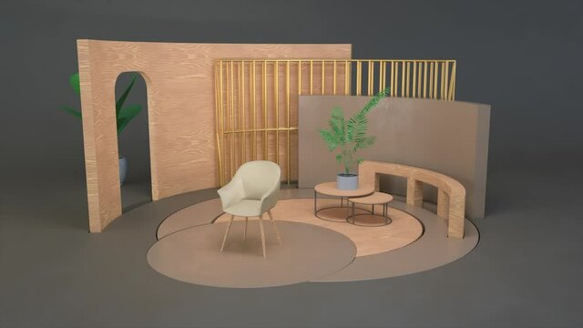 3d interior illustration of a furnished home apartment or lobby. Animation. Abstract layout with walls, chair, table, and plants.