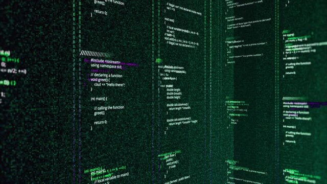 Retro digital background with vertical columns and self written code. Animation. Lines of computer code for the old fashioned machine.