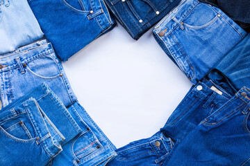 Topview macro blue jean place on white background