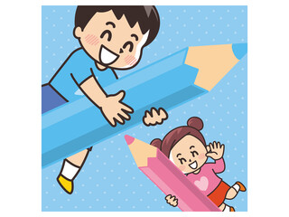 大きな色鉛筆を持っている子供