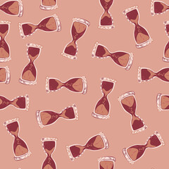 Random abstract seamless pattern with doodle hourglass elements print. Pink and maroon palette artwork.