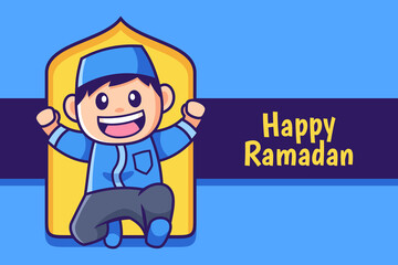 happy Ramadan cartoon muslim boy jump 