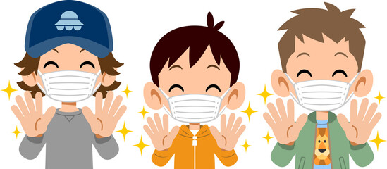 手洗いをしてマスクをつけた笑顔の三人の男子の上半身
