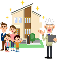 建築業者と新しい住宅の前で笑顔の三人家族
