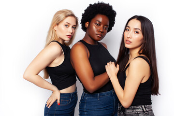 diverse multi nation girls group, teenage friends company cheerful having fun, happy smiling, cute posing isolated on white background, lifestyle people concept, african-american, asian and caucasian