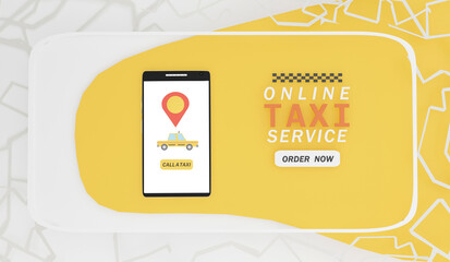Smartphone with online taxi ordering service app concept.3d rendering