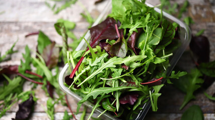 Fresh mix of salads in a plastic container. Healthy diet concept. Eco food.