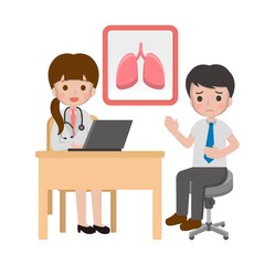 Man with doctor, lung disease cartoon comic vector