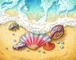 Seashells, Pearls And Sea Wave Watercolor Illustration
