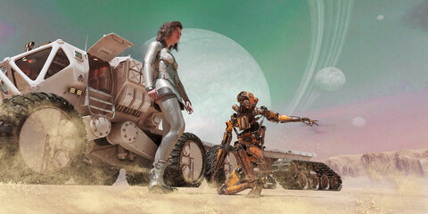 Space explorer with robot and vehicle on another planet