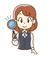 虫眼鏡を持った制服の女子社員