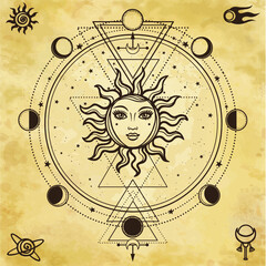 Mysterious background: sun with a human face,sacred geometry, phases of the moon. Background - imitation of old paper. Esoteric, mysticism, occultism. Print, poster, t-shirt, card. Vector illustration