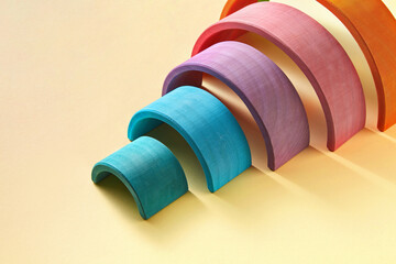 Wooden colorful arch maze made from wooden hemispheres.