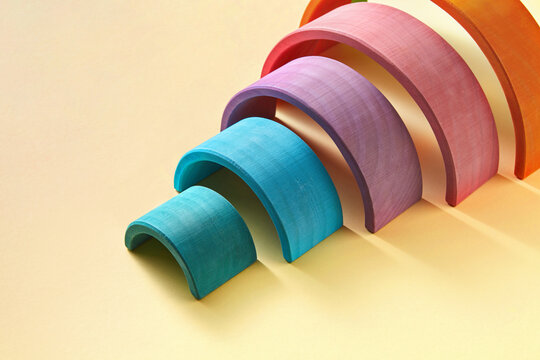 Wooden colorful arch maze made from wooden hemispheres.