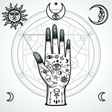 Human hand painted with magic symbols. Alchemical circle of transformations. Signs of the moon and sun. Vector illustration isolated on a white background. Print, poster, t-shirt, card.
