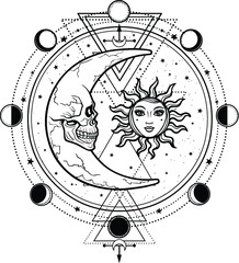 Fototapeta premium Mystical drawing: sun and moon with human faces, circle of a phase of the moon. Sacred geometry. Alchemy, magic, esoteric, occultism. Vector illustration isolated on a white background.