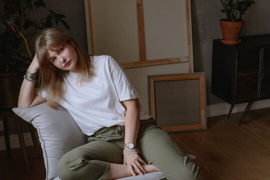 Portrait of artist in her studio