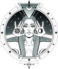 Mystical drawing: beautiful woman holds symbols of  sun and moon in hand. Background - star sky, Sacred geometry. Alchemy, magic, esoteric, occultism. Monochrome Vector Illustration isolated 