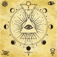 Mysterious background: pyramid, all-seeing eye, sacred geometry. Background - imitation of old paper.Esoteric, mysticism, occultism. Print, poster, t-shirt, card. Vector illustration.