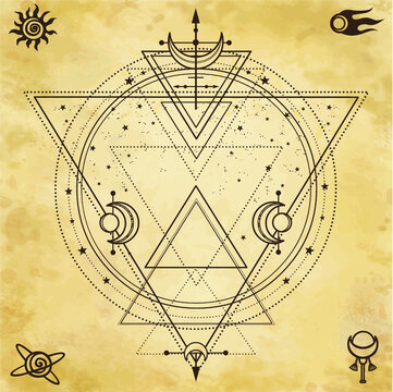 Mysterious background: sacred geometry, circles, triangles, stars. Background - imitation of old paper. Place for the text. Esoteric, mysticism, occultism.  Vector illustration.
