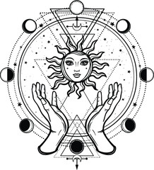 Mystical drawing: human hands hold the sun. Circle of a phase of the moon. Sacred geometry. Vector illustration isolated on a white background. Print, potser, t-shirt, card. 