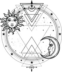 Mystical drawing: sun and  moon with human faces, a star circle. The place for the text. Sacred geometry. Vector illustration isolated on a white background. Print, potser, t-shirt, card. 