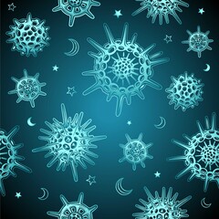 Seamless background: animation skeletons of mtkroorganizm of a radiolaria, space symbols. Metal imitation. Vector illustration.