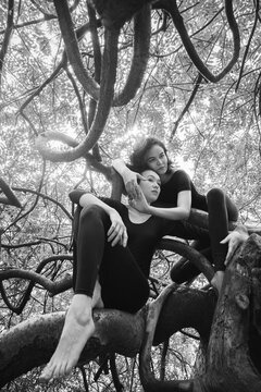 Two girls in the branches.