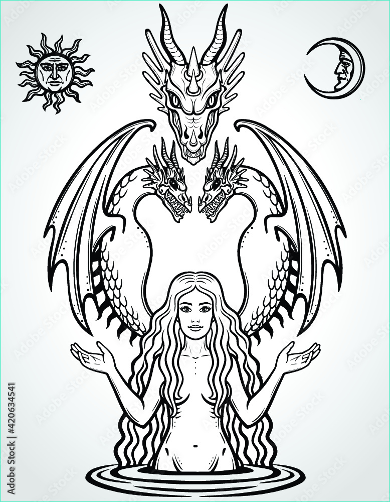 Wall mural Mystical drawing: beautiful goddess holds the dragons. Magic, esoteric, occultism, fairy tale. Monochrome vector illustration isolated on a gray background. Print, poster, t-shirt, card.