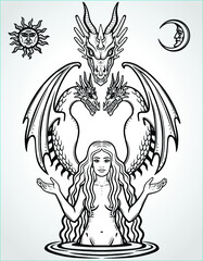 Mystical drawing: beautiful goddess holds the dragons. Magic, esoteric, occultism, fairy tale. Monochrome vector illustration isolated on a gray background. Print, poster, t-shirt, card.