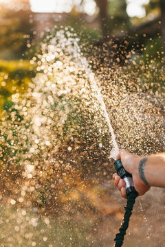 Unrecognizable man watering flowers