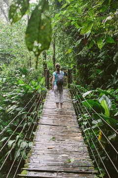 Female hiker standing on a wooden bridge