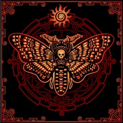 Mysterious background: the stylized color image of a moth the Dead Head, a mystical circle, a decorative frame. Esoteric, mysticism, occultism.  Print, poster, t-shirt, card. Vector illustration.