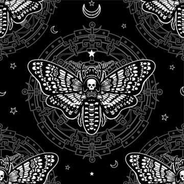 Seamless monochrome pattern: moth Dead Head, mystical circle, symbols of the moon. White drawing on a black background. Vector illustration.