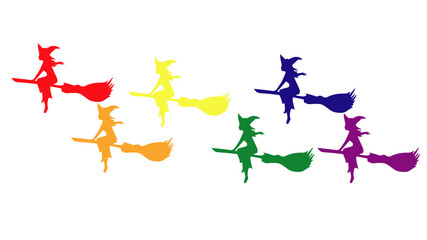 Witches on their broomsticks with lgbt flag colors