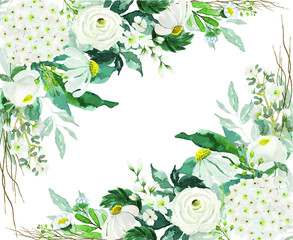 Vector watercolor vintage light white flowers and green leaves bouquet corner decoration artwork